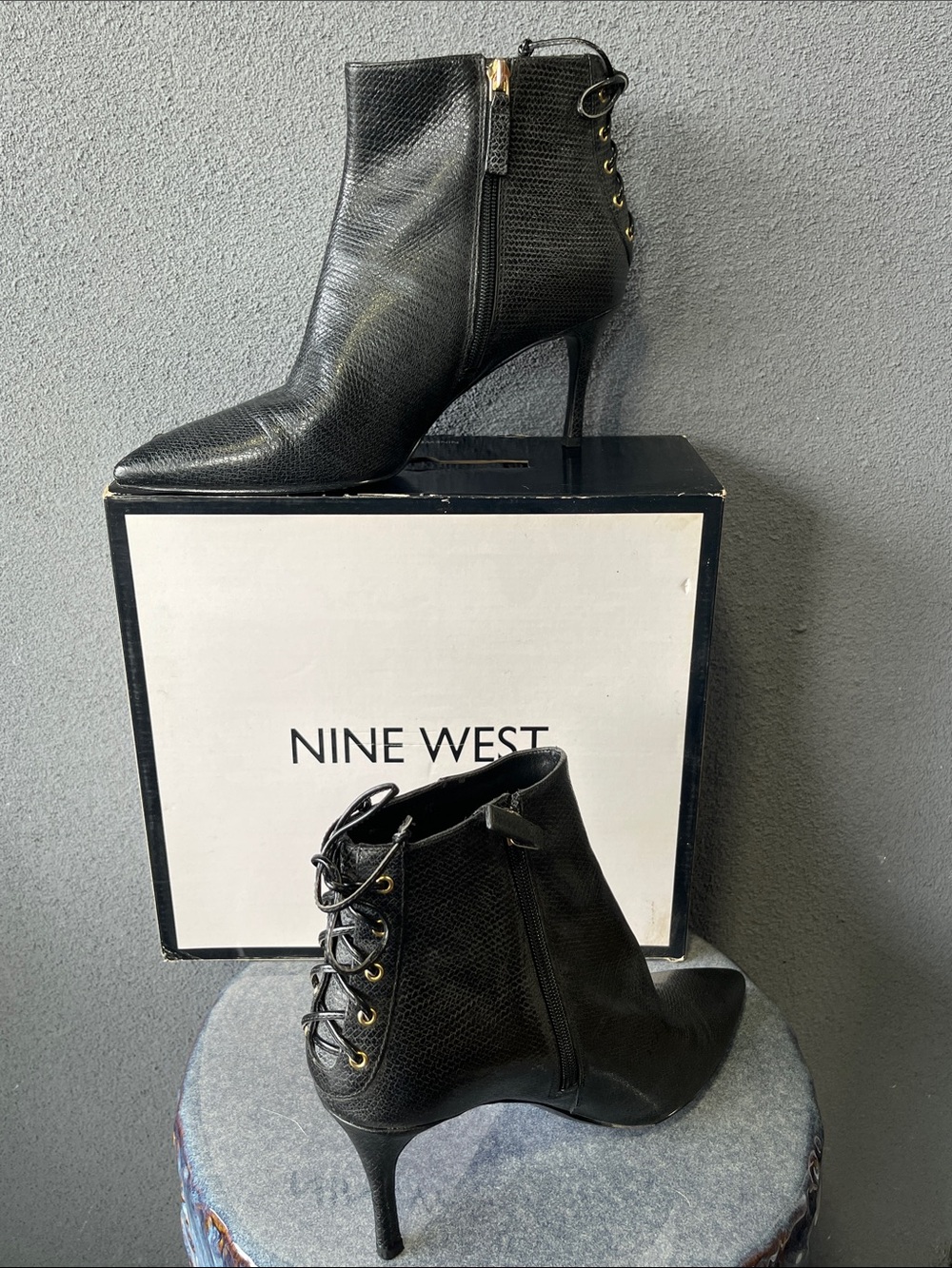 Nine West Black Pointed Lace-Up Stiletto Ankle Boots SZ 10